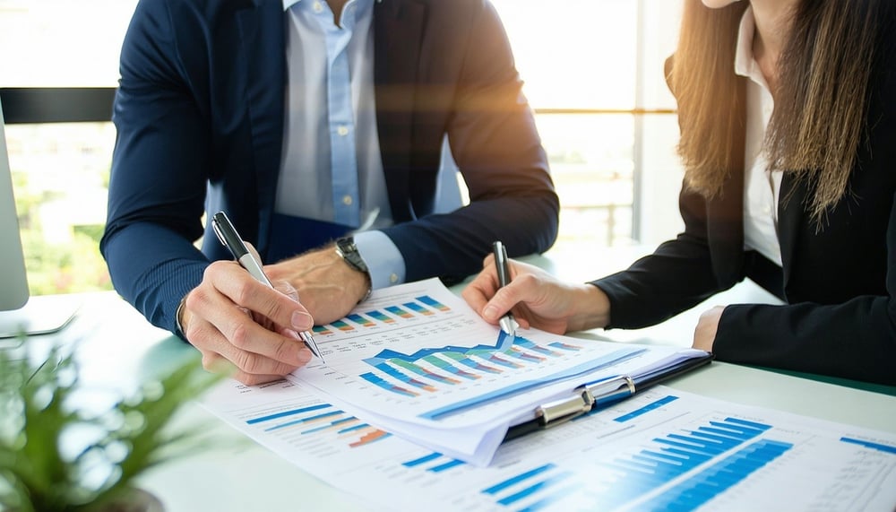 Small business owner reviewing financial reports with a bookkeeper Small business owner reviewing financial reports with a bookkeeper